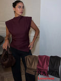 TRAFZA Vintage Chic Women Solid Asymmetric O-Neck Zipper Sleeveless Cross Folds Top Fashion 2025 Streetwear Padded Shoulder Top