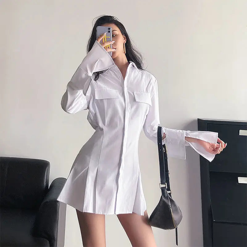 HOUZHOU Robe Chemise Noire Femme Élégante Vintage Manches Longues Robes Sexy Gothique Plissée Streetwear Col Rabattu Robe Décontractée