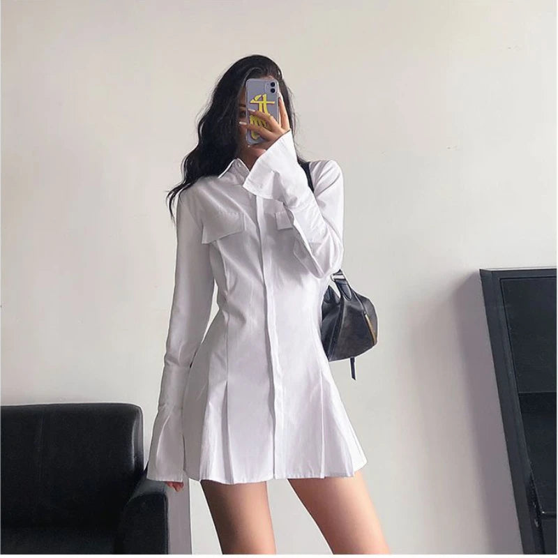 HOUZHOU Robe Chemise Noire Femme Élégante Vintage Manches Longues Robes Sexy Gothique Plissée Streetwear Col Rabattu Robe Décontractée