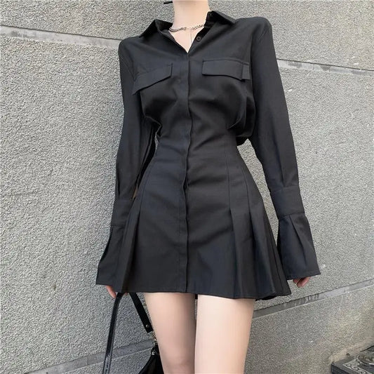 Black Shirt Dress Women Elegant Vintage Long Sleeve Dresses Sexy Gothic Pleated Streetwear Turn-down Collar Casual Robe 2025