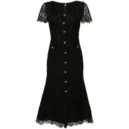 Brand Designer Summer Black Lace Evening Prom Dress Women Diamond Button Short Sleeve Midi Long Party Vestidos Quality 2025