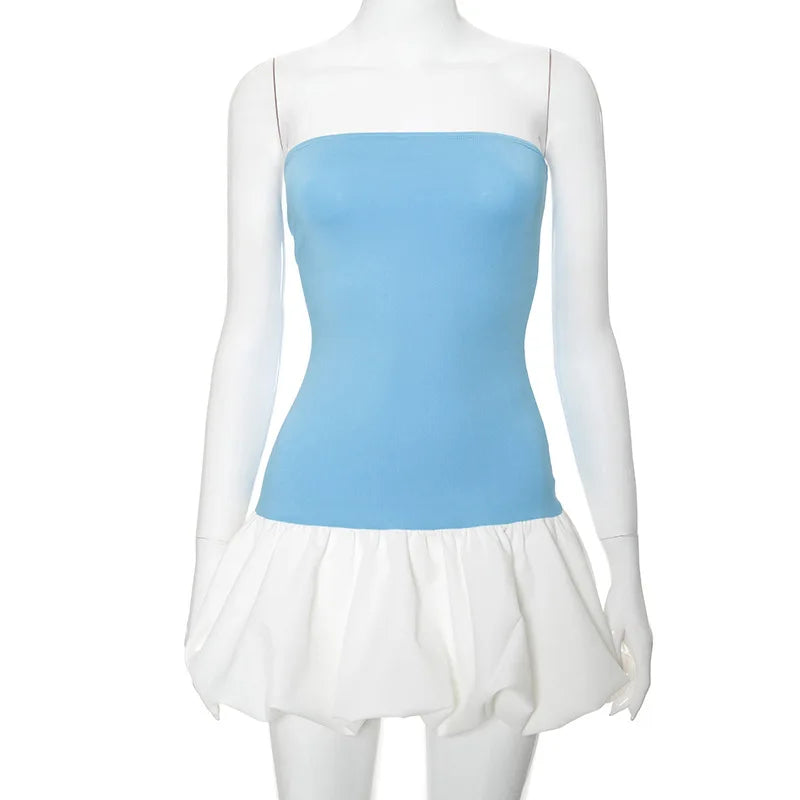 TARUXY Robe mini à plis contrastés pour femmes Sans bretelles Sexy Slim Sans manches Ruched Épissée Y2K Plage Robe de soirée Club Féminine