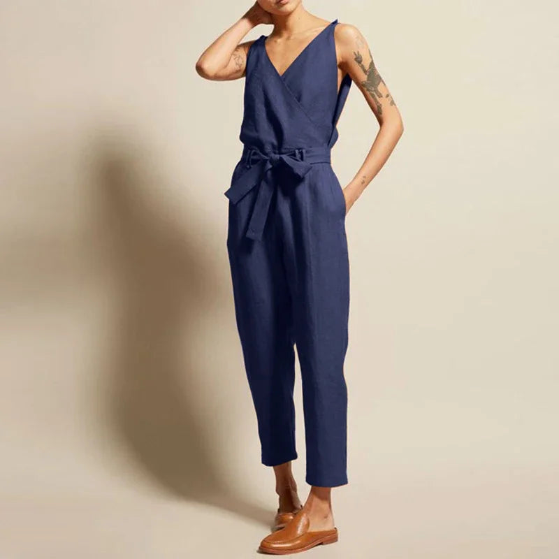 Cotton Linen Sleeveless Women Jumpsuit Summer Causal Solid V-Neck Drawstring Lace Up Waist Straight Leg Jumpsuits Plus Size 2025