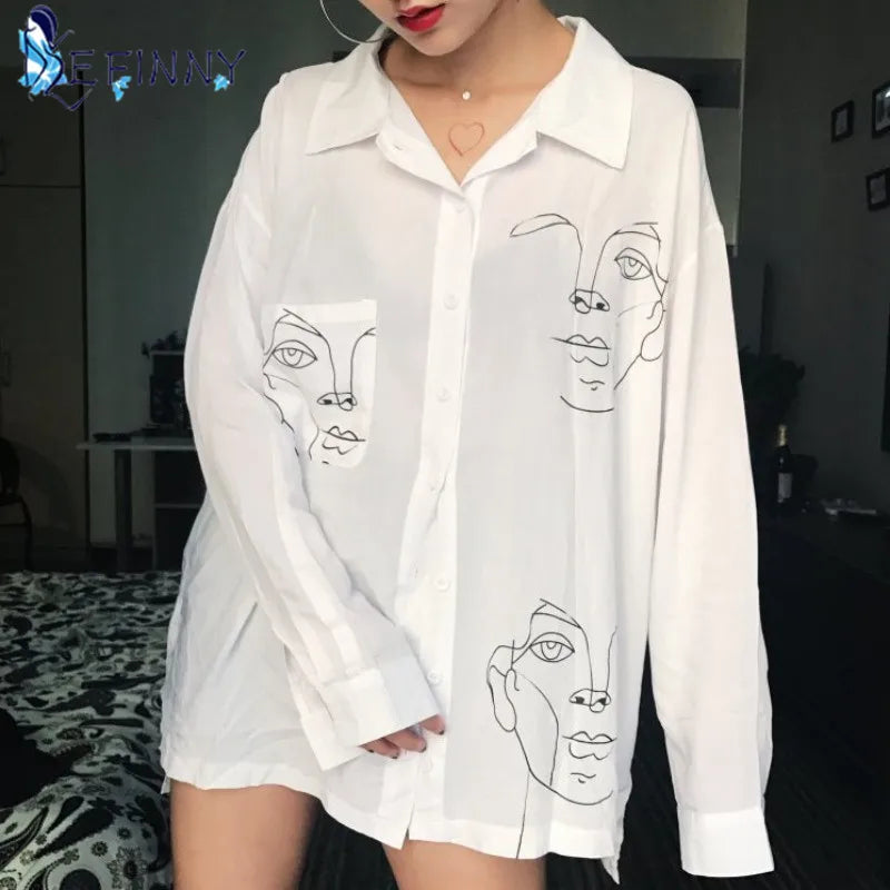 Women's Summer Blouse Shirt Cotton Face Printing Full Sleeve Long Shirts Tops Ladies Clothing