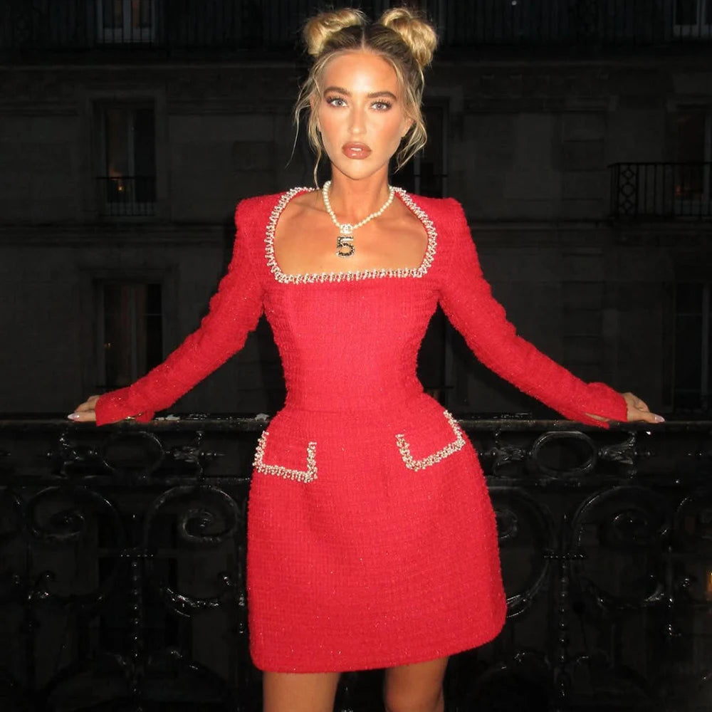 Long Sleeve Tweed Dress Women's Elegant Square Neck Luxury Party Evening Gown Retro Slim Patchwork Short Dress Vestido 2025