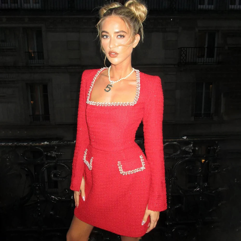 Long Sleeve Tweed Dress Women's Elegant Square Neck Luxury Party Evening Gown Retro Slim Patchwork Short Dress Vestido 2025
