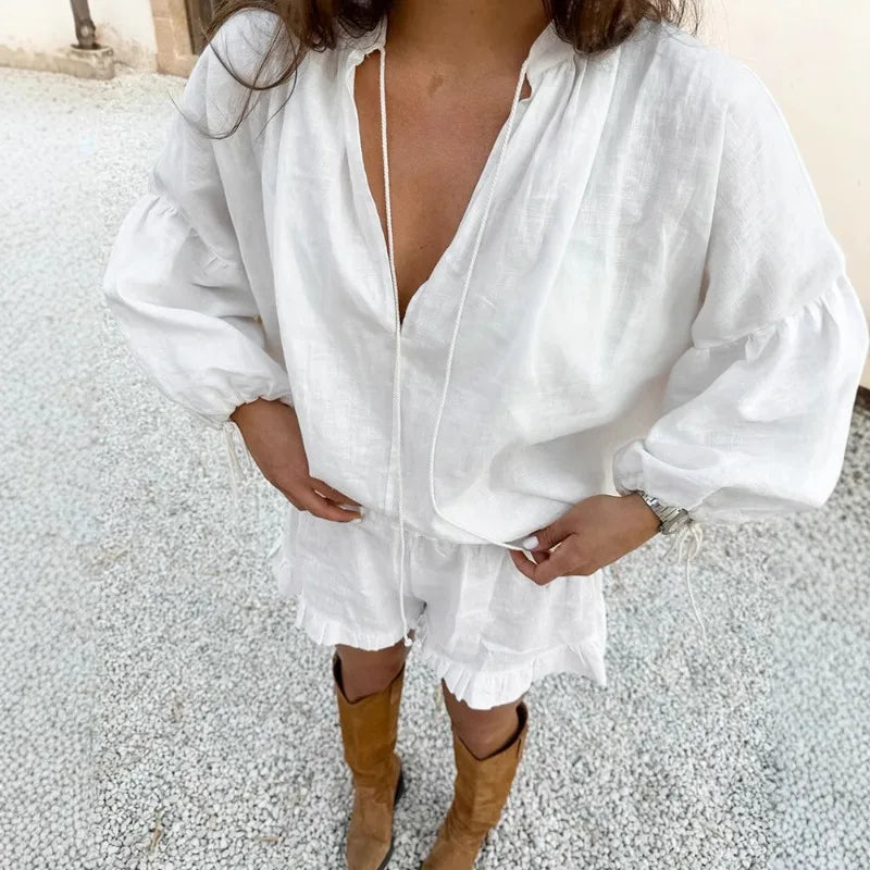 Tuularose White V-neck Shorts Set 2025 Summer Patchwork Lacing Cotton Linen Loose Women Two Piece Casual Solid Long Sleeve Suit