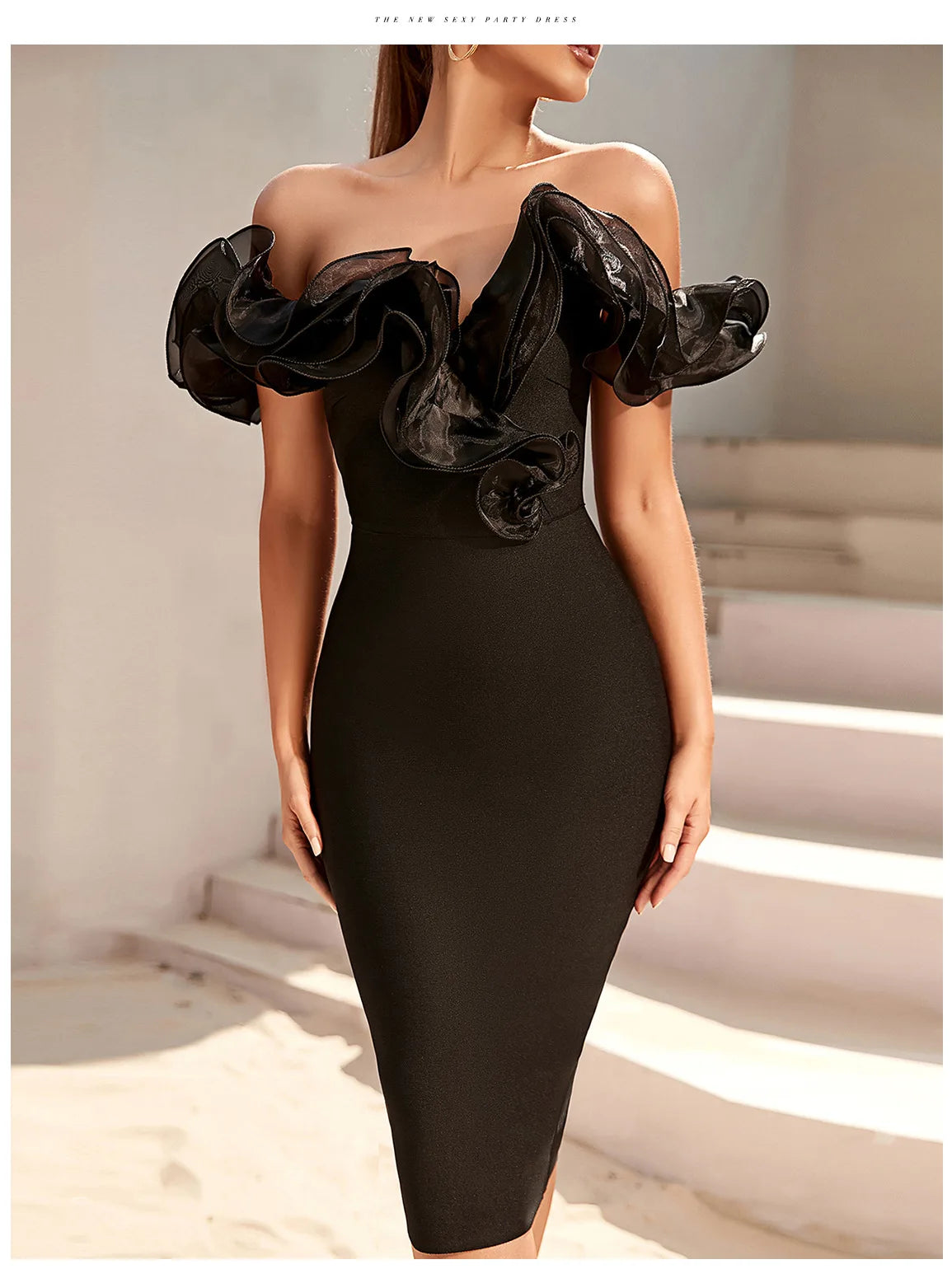 Women's Off Shoulder Bandage Midi Dress Luxury Design Ruffled Elegant Black Sleeveless Ruffled Sexy Club Party Evening Dresses