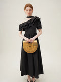 FSLE Black Women Dress 100% Cotton Ankle-Length Women Summer Dress One-shoulder Sleeve Ruffled Pink Maxi Dress 24FS18015