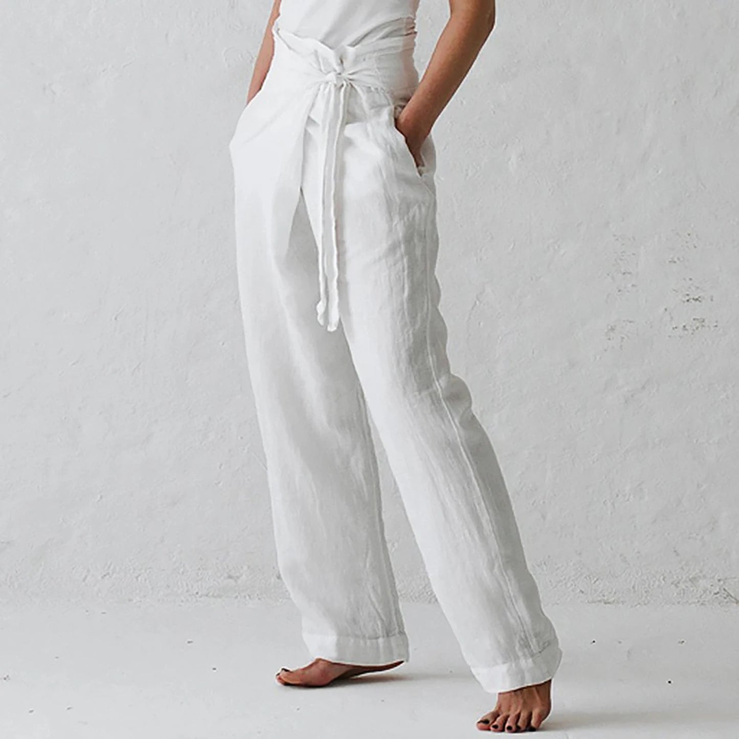 Women Solid Color Elastic Binding Foot Casual Pocket Pants Summer 2024 Elegant Lady Cotton Line High Wasit Women Pants