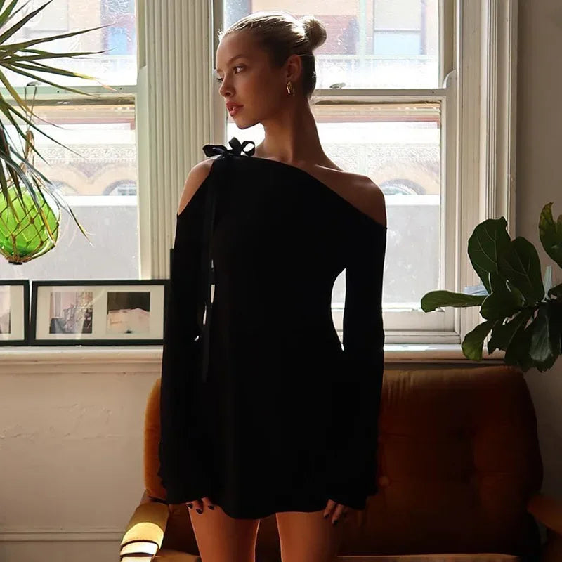 Black Dress For Women Streetwear Lace-up Inclined Collar Hot Vestidos Elegantes Para Mujer Long Sleeve Asymmetrical Y2k Clothes