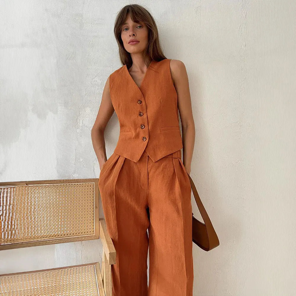 Cotton Linen Blend Vest Wide Leg Pants Suit Spring and Summer Women's Casual Fashion Sleeveless Vest Pleated Low Waist Pants Set