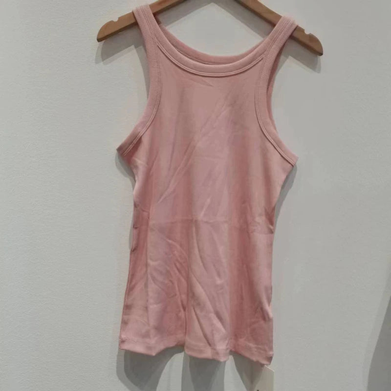 (High Quality)2025 Women Tops Racer Vest Women Solid Color All-match Elastic Cotton Espera Base Vest LUXURY Nordic Style Casual