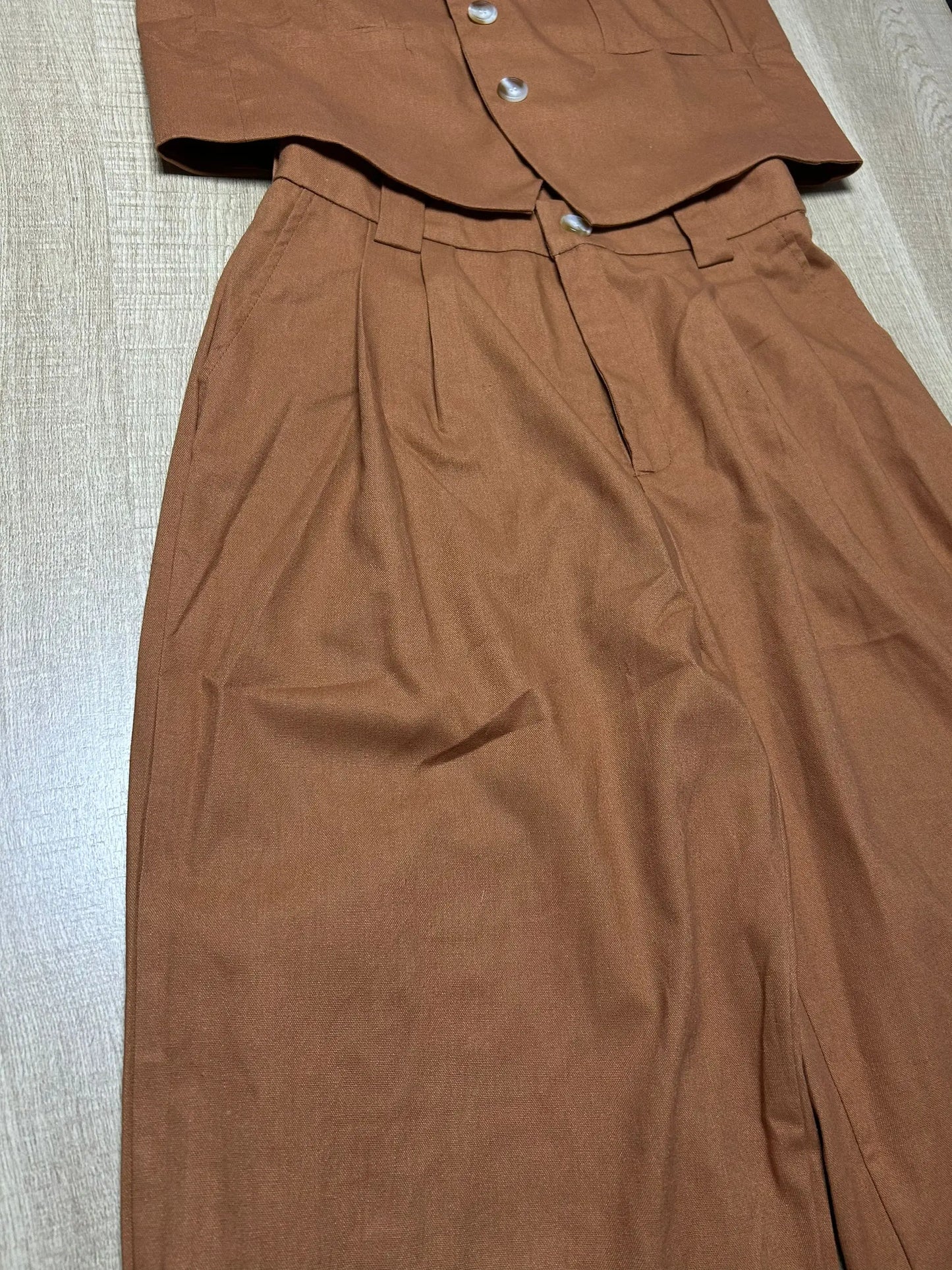 Cotton Linen Blend Vest Wide Leg Pants Suit Spring and Summer Women's Casual Fashion Sleeveless Vest Pleated Low Waist Pants Set