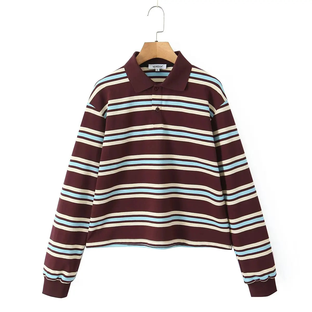 Summer 2025 Polo Shirts Woman Long Sleeve Tops Women Striped Vintage Clothes Polo Shirts Mujer Streetwear Casual Tops Brown