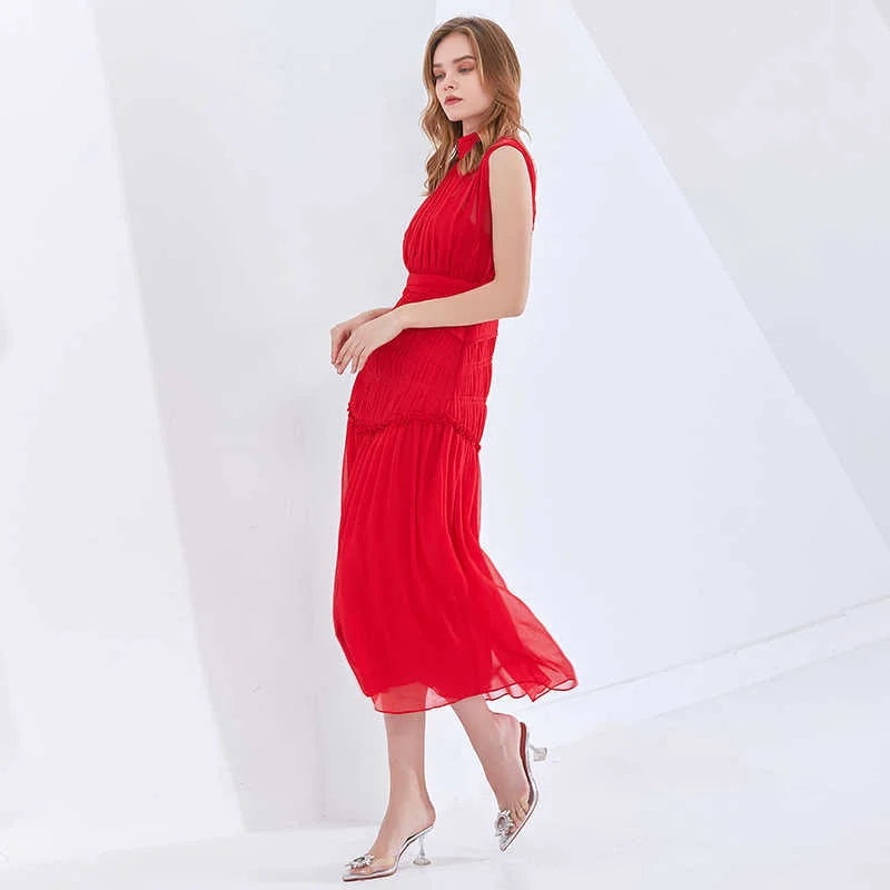 TWOTWINSTYLE Vintage Ruched Dress For Women Stand Collar Sleeveless High Waist Chiffon Midi Dresses Female 2022 Fashion New