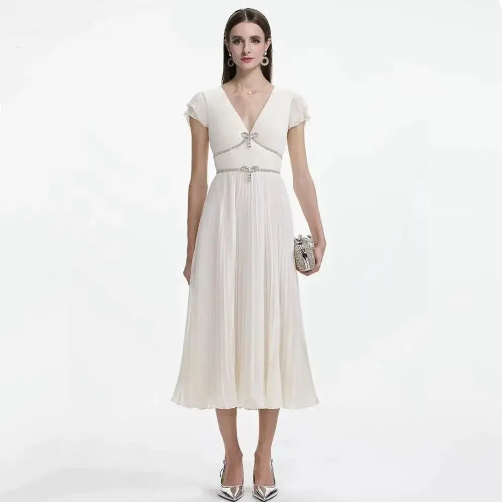 Elegant French Style Dress with Butterfly Knot Waist Cinching Pleated Skirt Cocktail Dress Short Sleeve V Neck Ankle Length