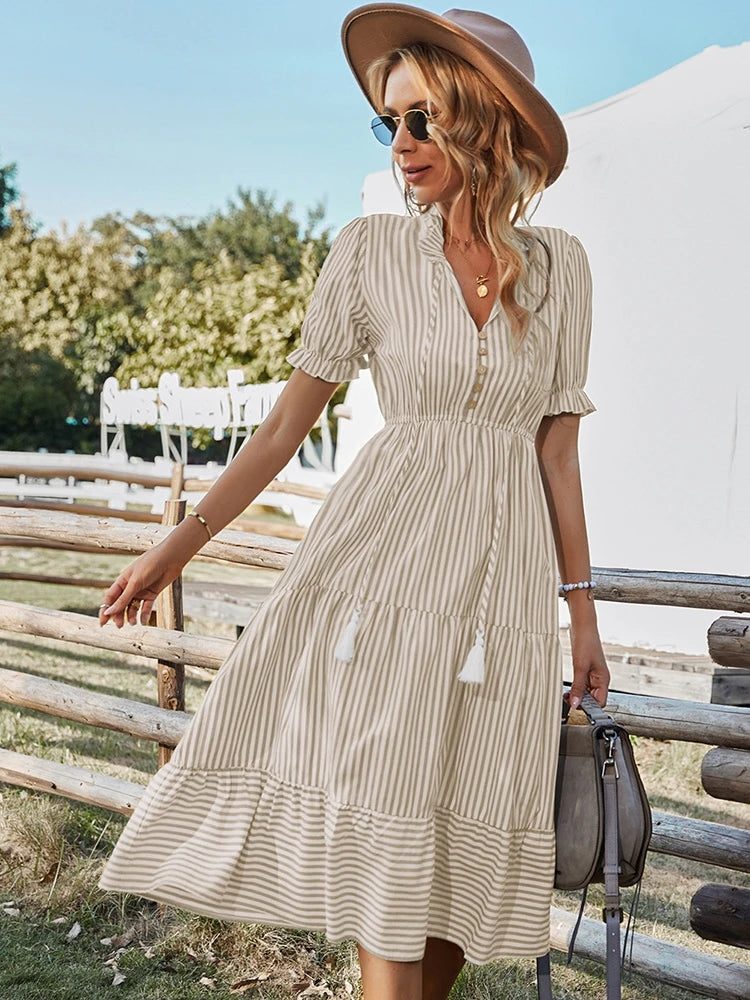 Women's Causal Striped Tassel Medium Long Dress V Neck Button Short Sleeve Spring Summer Dress