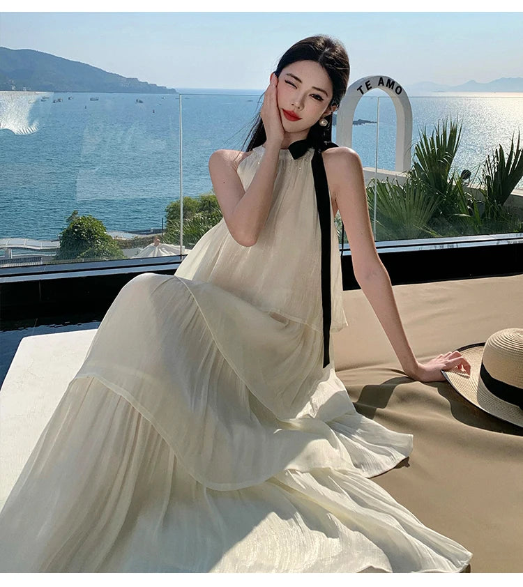 Vintage Women Beige Elegant Off Shoulder Evening Party Dress Summer Sleeveless Vacation Pleated Halter Cake Long Sundress Simple