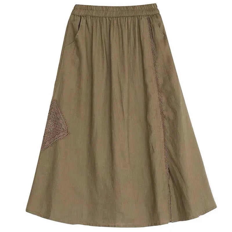 High Waist Casual Embroidery Skirts Women New Arrival 2024 Summer Vintage Style Solid Cotton Linen Female A-line Long Skirt