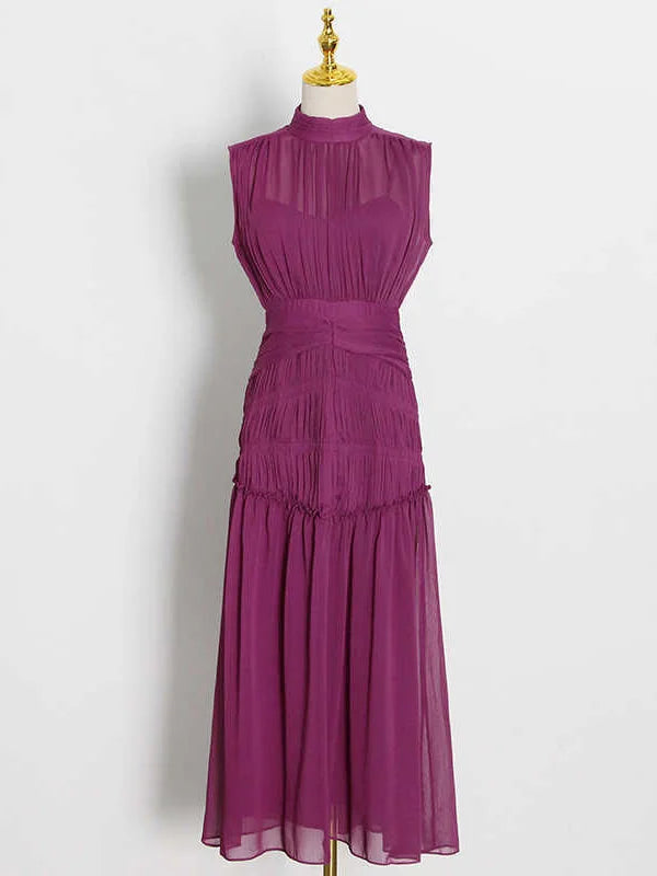 TWOTWINSTYLE Vintage Ruched Dress For Women Stand Collar Sleeveless High Waist Chiffon Midi Dresses Female 2022 Fashion New