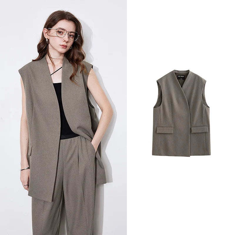 TOYOUTH Women Blazer 2025 Spring New Old Money Style Back Split Mid Length Sleeveless Elegant OL Workwear Jacket