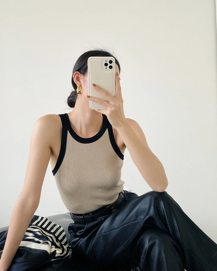 New In Tank Top for Women Collision Color Camisole Undershirt Retro French Wear Suit Inside Slim Short Tops Casual Tank Tees