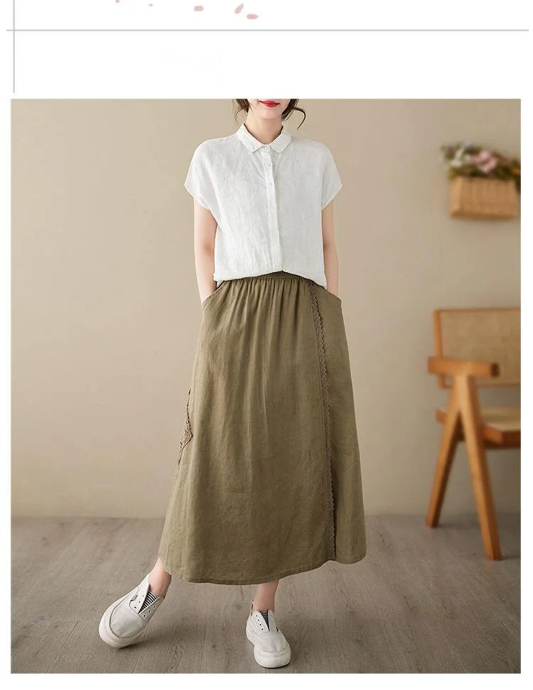 High Waist Casual Embroidery Skirts Women New Arrival 2024 Summer Vintage Style Solid Cotton Linen Female A-line Long Skirt