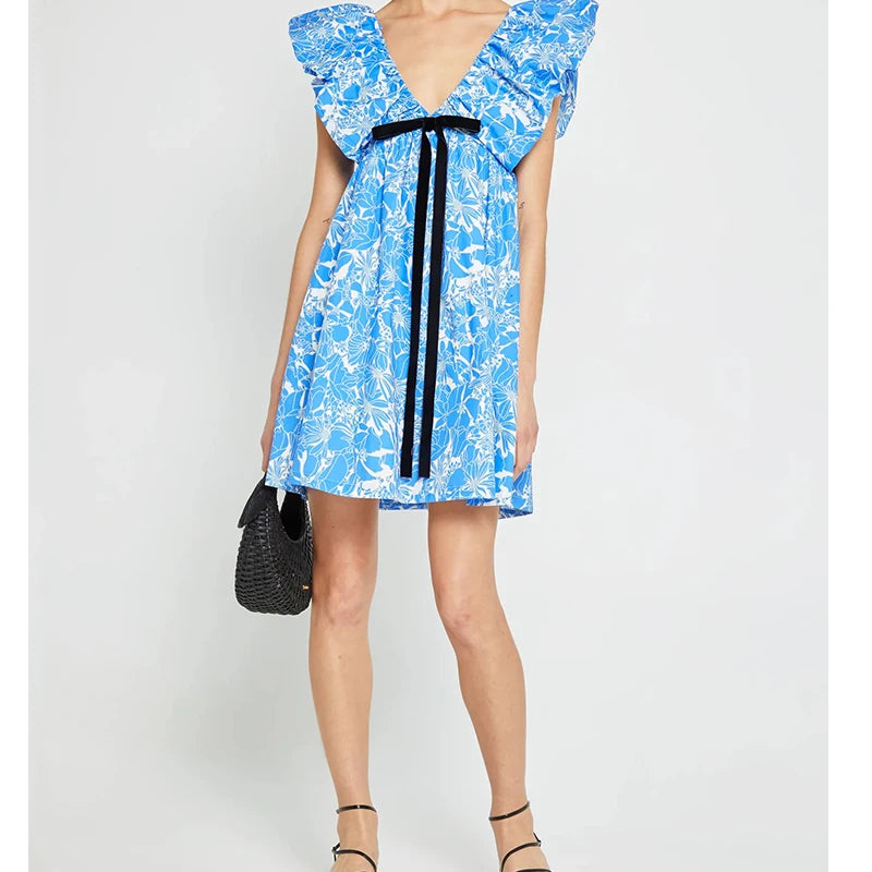 Women Vintage y2k Fairy Floral Print Mini Dress Boho V Neck Puff Sleeve Short Dress Bow Tie Flowy Dress Beach Holiday Sundress