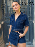 TRAFZA Summer Women Suits Denim Blue Turn-Down Collar Short Sleeves Pocket Decoration Shirts+Mid Waist Asymmetrical Shorts