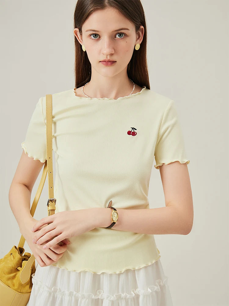 FSLE Cherry Embroidered Short-Sleeved Knitted Summer Women T-Shirt 2024 Summer New Round Neck Ruffled Ladies Top 24FS12400