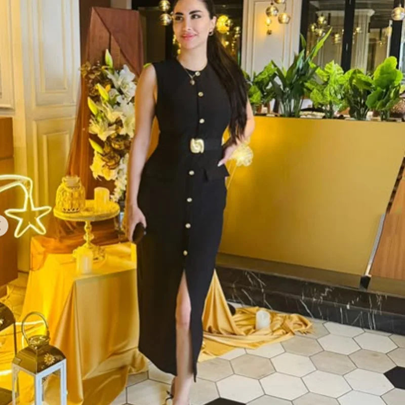 TRAF Women's Black Dress Summer 2025 Sleeveless Elegant Formal Dresses For Women Belt Vest Long Dress Button Casual Dresses