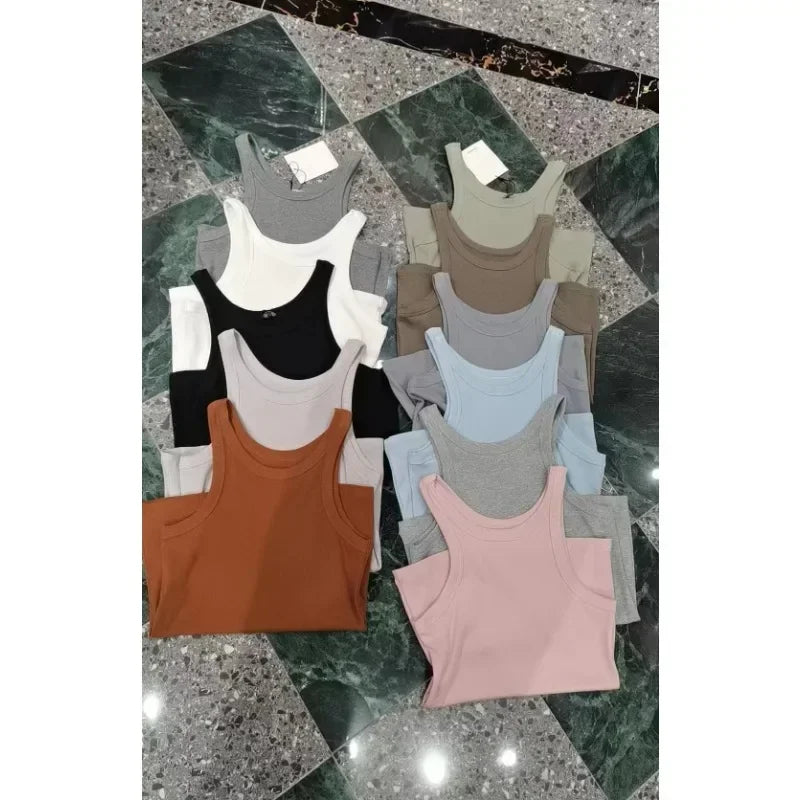 (High Quality)2025 Women Tops Racer Vest Women Solid Color All-match Elastic Cotton Espera Base Vest LUXURY Nordic Style Casual