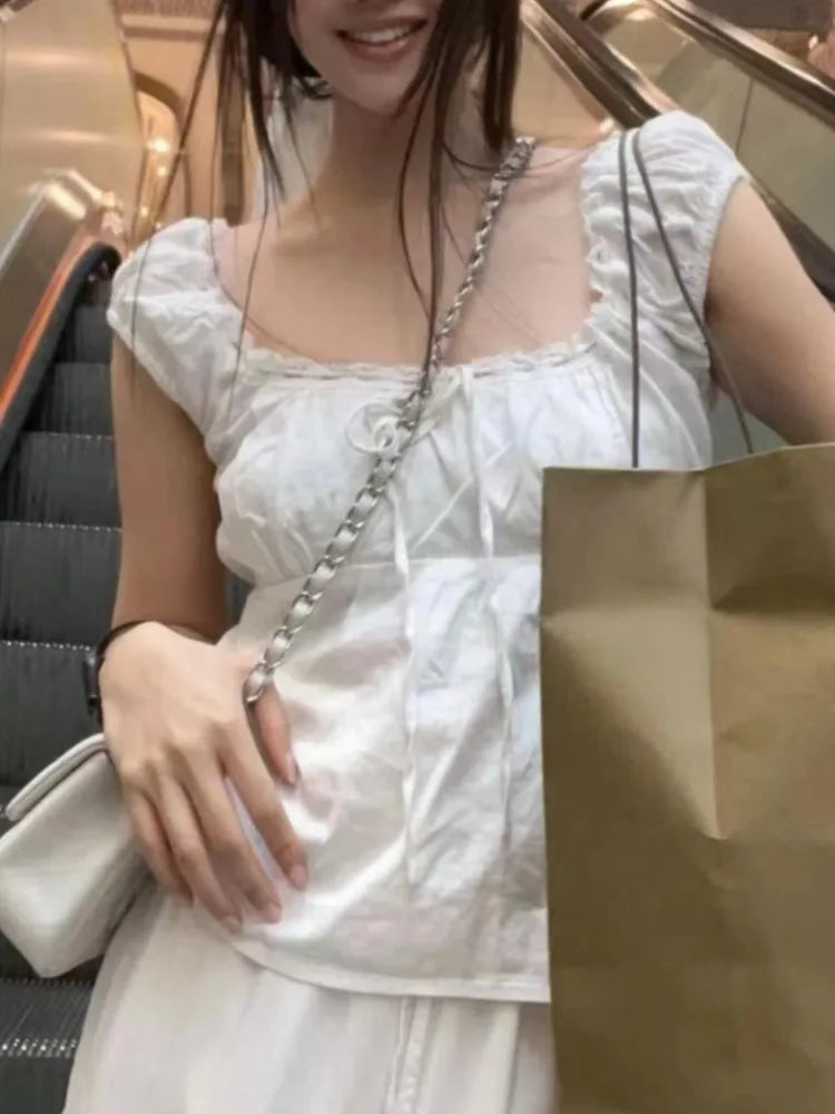 2024 New White Lace Tied Square Neck Summer T-shirts Chic Elegant Short Sleeve Tee Cotton Y2K Street Casual Bow Tie-up Top Women