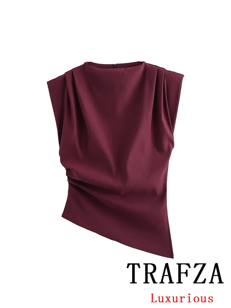 TRAFZA Vintage Chic Women Solid Asymmetric O-Neck Zipper Sleeveless Cross Folds Top Fashion 2025 Streetwear Padded Shoulder Top
