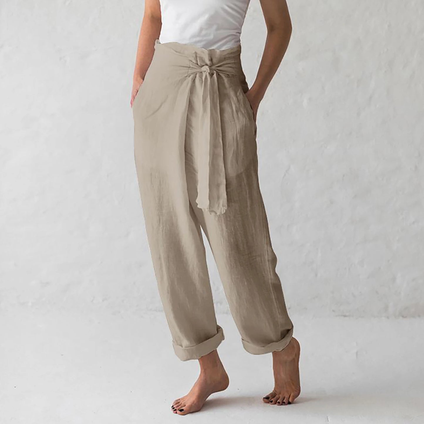 Women Solid Color Elastic Binding Foot Casual Pocket Pants Summer 2024 Elegant Lady Cotton Line High Wasit Women Pants
