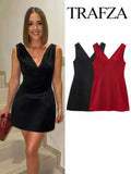 TRAFZA Summer Women V-Neck Sleeveless Backless Decorate Zipper Mini Dress Fashion Woman Sexy Dresses Street Style Party Dress