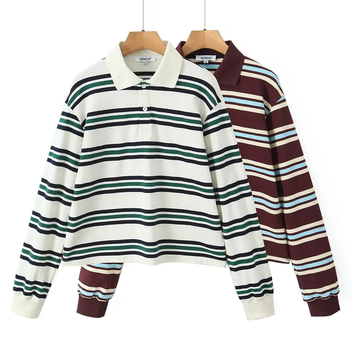 Summer 2025 Polo Shirts Woman Long Sleeve Tops Women Striped Vintage Clothes Polo Shirts Mujer Streetwear Casual Tops Brown