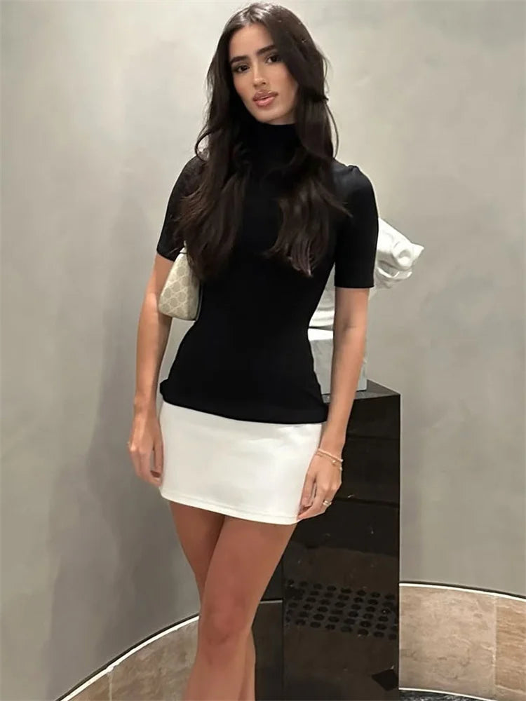 Tossy Summer Female Contrast Mini Dress Casual High Waist Short Sleeve Sexy Skinny Patchwork Bodycon Dress Women's Mini Dress