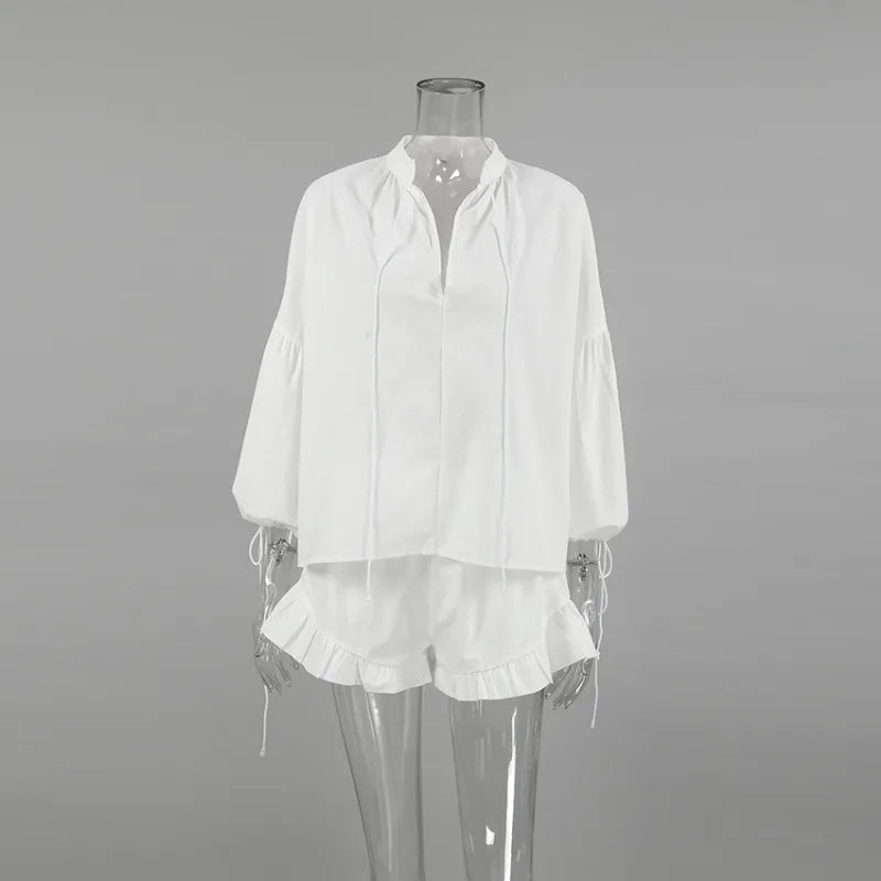Tuularose White V-neck Shorts Set 2025 Summer Patchwork Lacing Cotton Linen Loose Women Two Piece Casual Solid Long Sleeve Suit