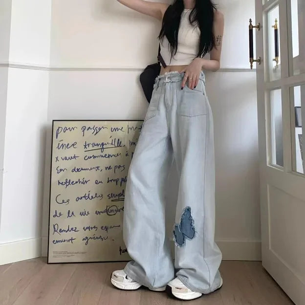 Korean Style High-Waisted Wide-Leg Jeans For Women Spring New Loose-Fit Shallow Blue Butterfly Hollow Out Straight-Leg Pants