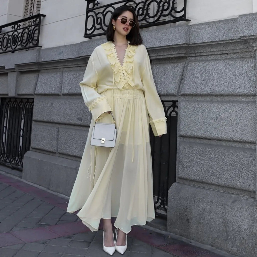 Talenza Casual Chiffon Shirt Women Fashion Pleated Lace-up Solid Lace Top Summer Vacation Loose Vintage Elegant Female Blouses