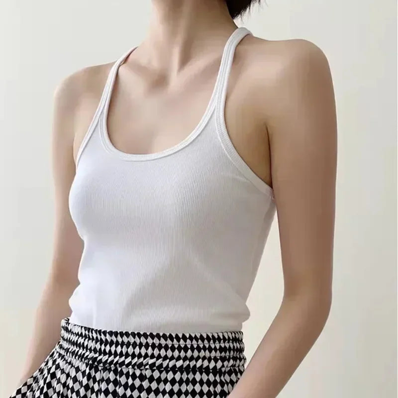 (High Quality)2025 Women Tops Racer Vest Women Solid Color All-match Elastic Cotton Espera Base Vest LUXURY Nordic Style Casual