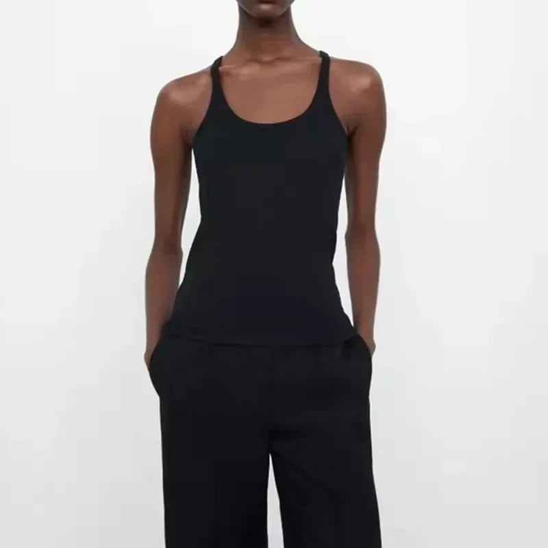 (High Quality)2025 Women Tops Racer Vest Women Solid Color All-match Elastic Cotton Espera Base Vest LUXURY Nordic Style Casual