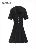 Summer New Women's Turn Down Collar Short Sleeve Knitted Mini Dress Slim Fit A-line Diamond Buttons White Short Dress C-050