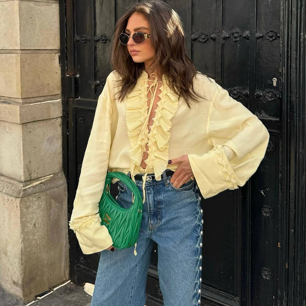 Talenza Casual Chiffon Shirt Women Fashion Pleated Lace-up Solid Lace Top Summer Vacation Loose Vintage Elegant Female Blouses