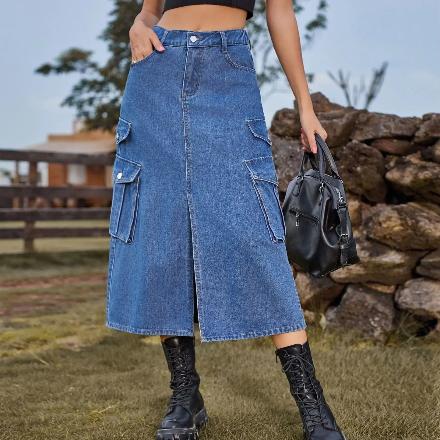 American Style Elastic Waist Denim Workwear Casual Long Dress Skirt New Arrival Women's Clothing European And American Crossbody