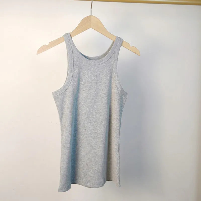 (High Quality)2025 Women Tops Racer Vest Women Solid Color All-match Elastic Cotton Espera Base Vest LUXURY Nordic Style Casual