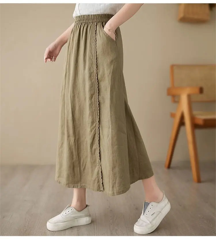 High Waist Casual Embroidery Skirts Women New Arrival 2024 Summer Vintage Style Solid Cotton Linen Female A-line Long Skirt