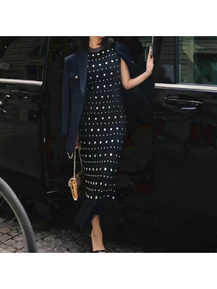 Diamond Decoration Women Sleeveless Knit Robe Black O-Neck Hem Ruffles Female Elegant Slim Midi Dress 2024 Early Autumn 5240265